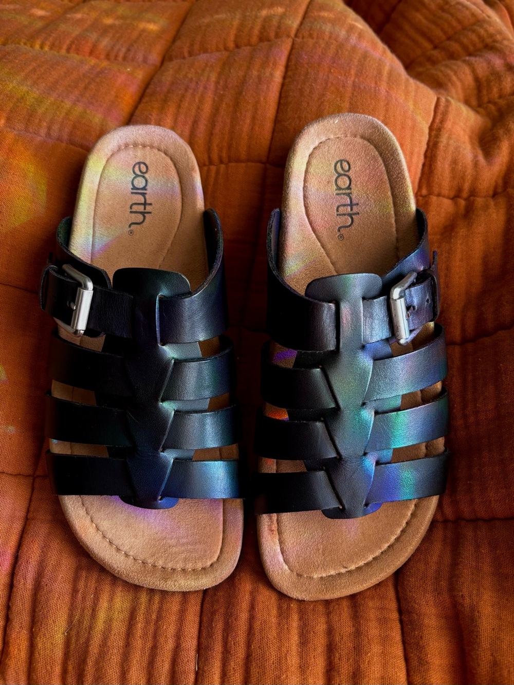 Earth Eresa Leather Fisherman Slide Sandals Black Size 7 - Picture 2 of 6